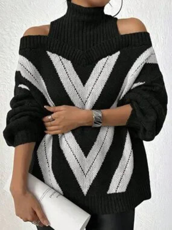 Sweaters - Black Casual Women's Loose Fit Stand Collar Cut Out Cold Shoulder Pullovers